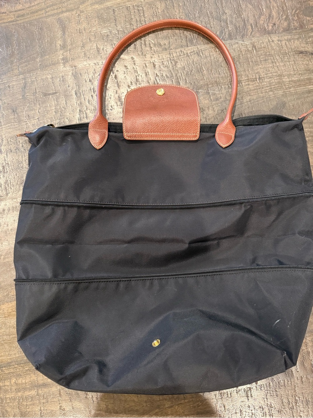 Longchamp Le Pliage Black Nylon Expandable Travel Tote w/Brown Leather - Picture 8 of 12